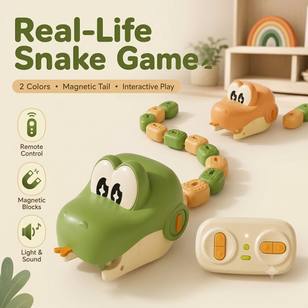 Snakko magnetic snake game: green snake with a magnetic tail and its remote controller