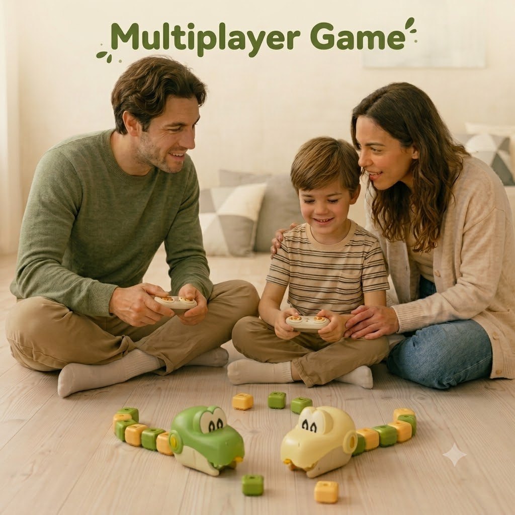 Family playing with the green and yellow snakes, two remote controllers